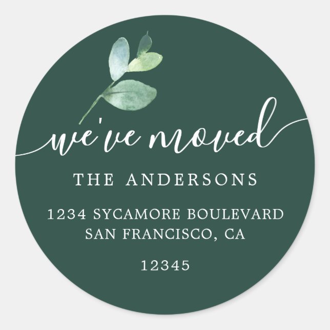 Sticker Rond Dark Green Eucalyptus We’ve Moved Address (Devant)