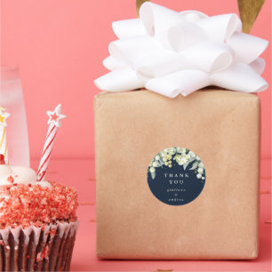 Sticker Rond Dark Navy Snowberry+Eucalyptus Merci Mariage