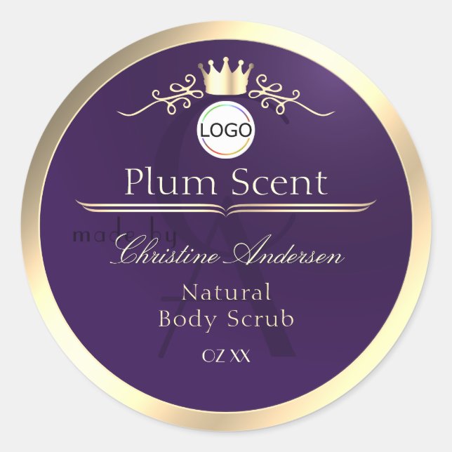 Sticker Rond Dark Purple Product Label Gold Frame Logo Monogram (Devant)