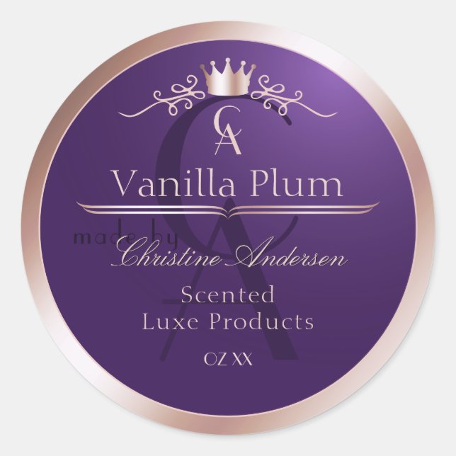 Sticker Rond Dark Purple Product Label Rose Gold Frame Monogram (Devant)