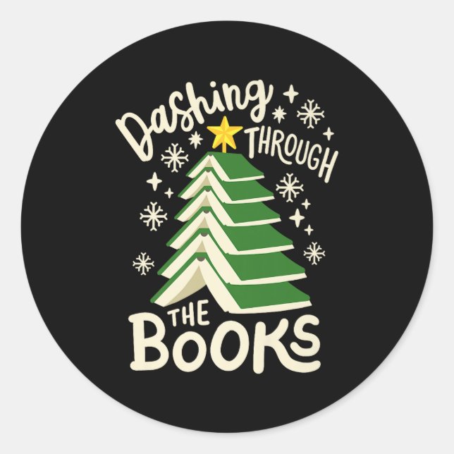 Sticker Rond Dashing Through The Books Christmas Book Lovers Me (Devant)