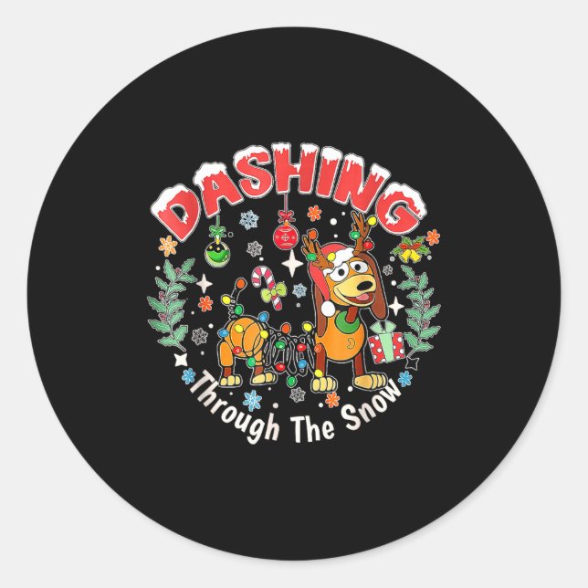 Sticker Rond Dashing Through The Snow, Dog Christmas, Funny Chr (Devant)