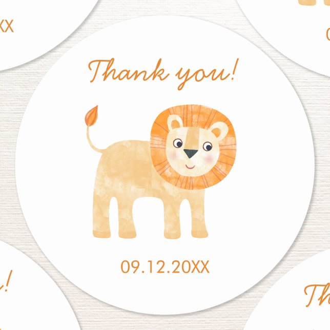 Sticker Rond Date de Merci du lion migre (Cute watercolor lion safari themed thank you sticker with custom date)
