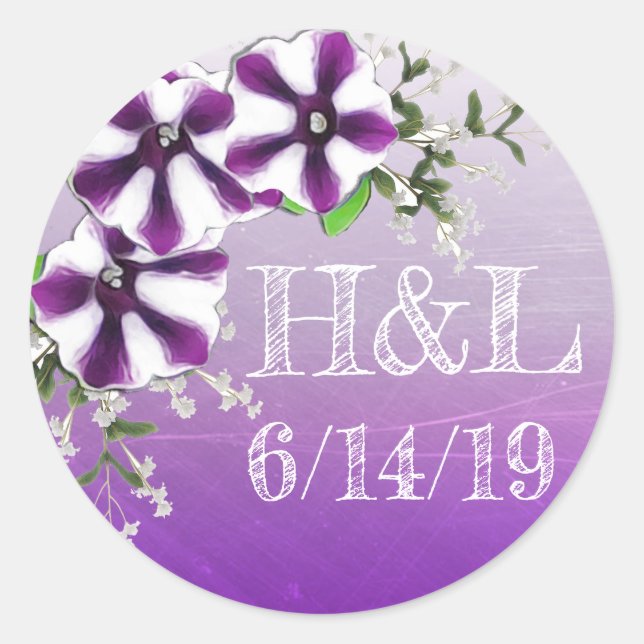 Sticker Rond Date du mariage et initiales Floral Violet Petunia (Devant)