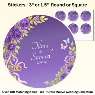 Sticker Rond Date + Mariée, Noms des Mariés Fleurs Mauve Violet