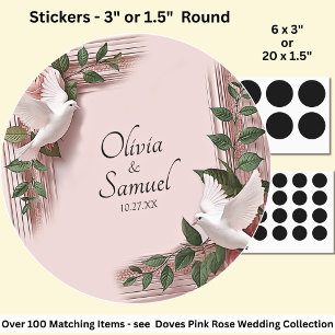 Sticker Rond Date + Mariée, Noms des Mariés Roses Roses et Colo