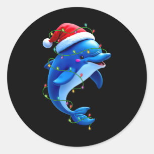 Sticker Rond Dauphin amusant Santa Chapeau Noël Arbre Lumières