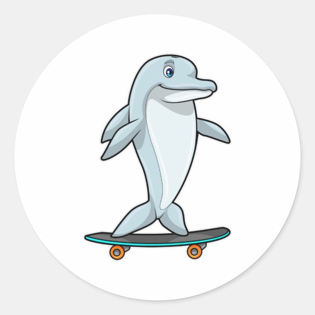 Sticker Rond Dauphin en patinage avec skateboard (Devant)