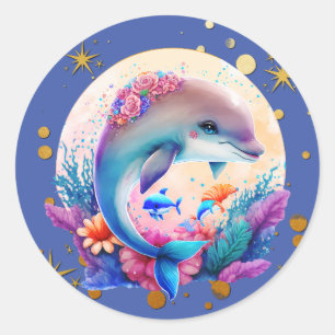 Sticker Rond Dauphin mignon coloré et étoile dorée