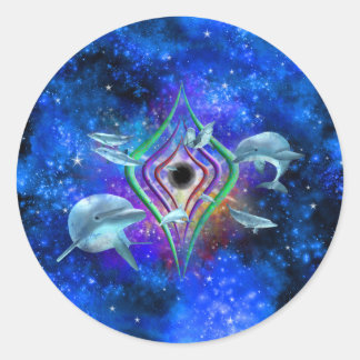 Sticker Rond Dauphins spatiaux Galaxie bleue Nebula