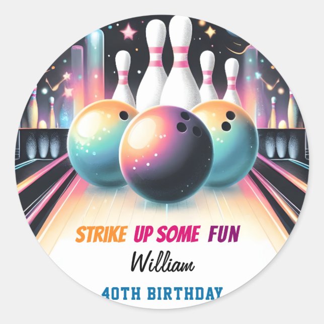 Sticker Rond Day Neon Boy Kids Team Event Bowling 21st Birthday (Devant)