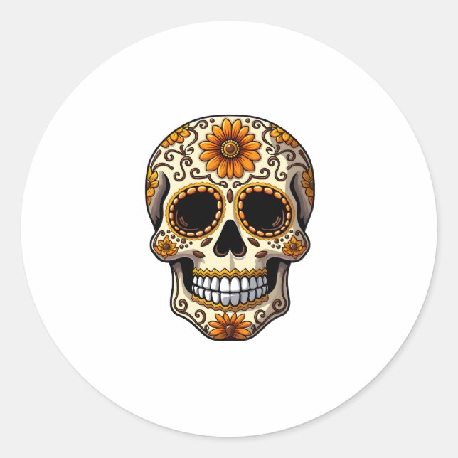 Sticker Rond Day Of Dead Sugar Skull Floral Skeleton Head Bone  (Devant)