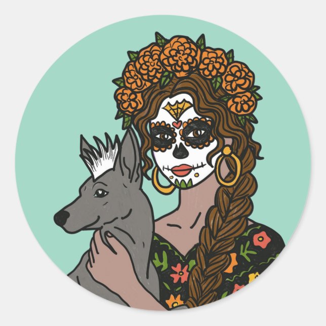 Sticker Rond Day of the Dead Marigold and Xolo Dog (Devant)