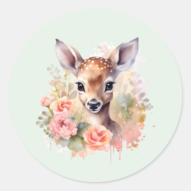 Sticker Rond De Beaux Cerfs Entourés De Roses (Devant)
