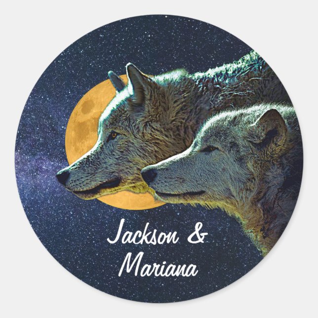 Sticker Rond De beaux loups gris en pleine nuit (Devant)