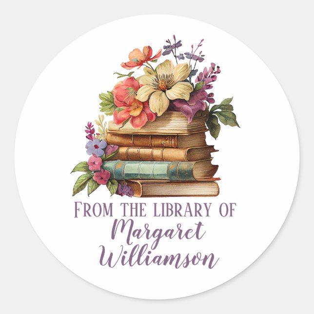 Sticker Rond De La Bibliothèque Du Livre Floral (Devant)