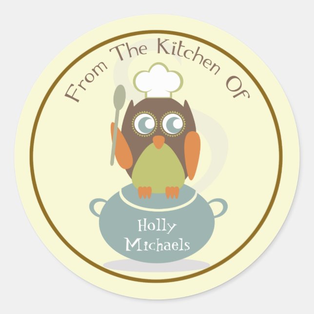 Sticker Rond De La Cuisine De...Owl Avec Casquette et cuillère  (Devant)