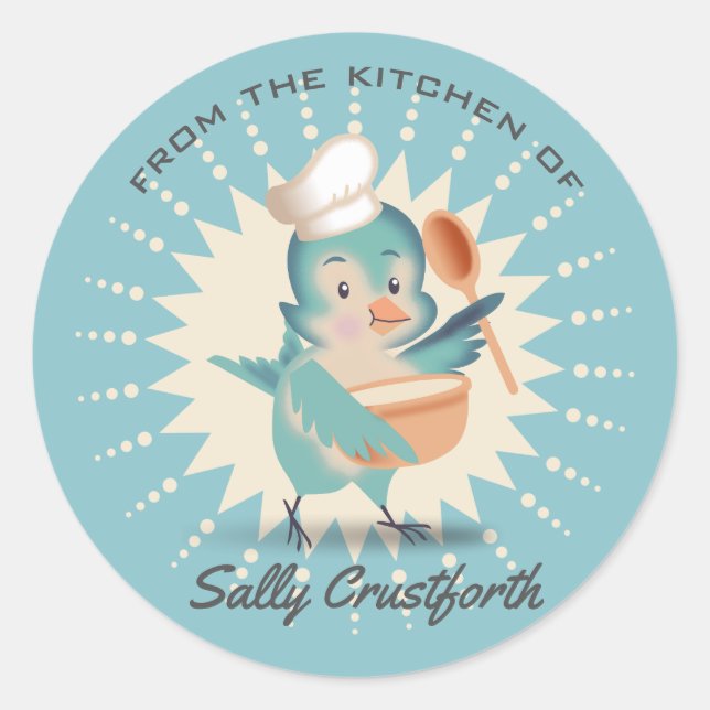Sticker Rond De la cuisine du mignon chef oiseau mélangeant bol (Devant)