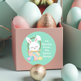 Sticker Rond De Pâques Bunny Cute Pastel Green Kids Cadeau