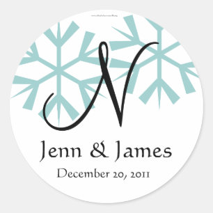 Sticker Rond Décembre Blue Snowflakes Monogram N Seal