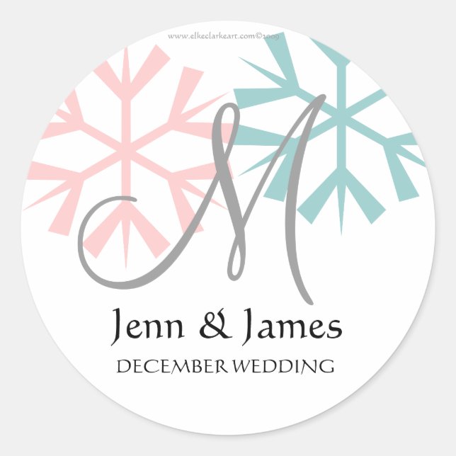 Sticker Rond Décembre Pink Blue Snowflake Monogramme M Sceau (Devant)