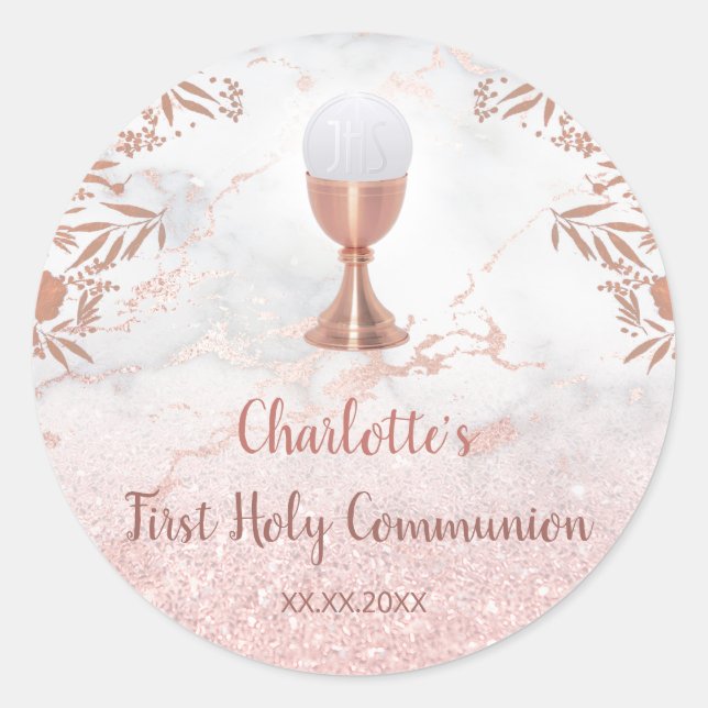 Sticker Rond Décor en marbre rose First Communion (Devant)