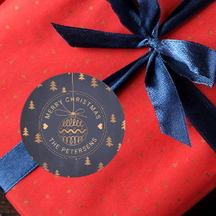 Sticker Rond Décor rose d'arbre d'or sur Noël de bleu marine 