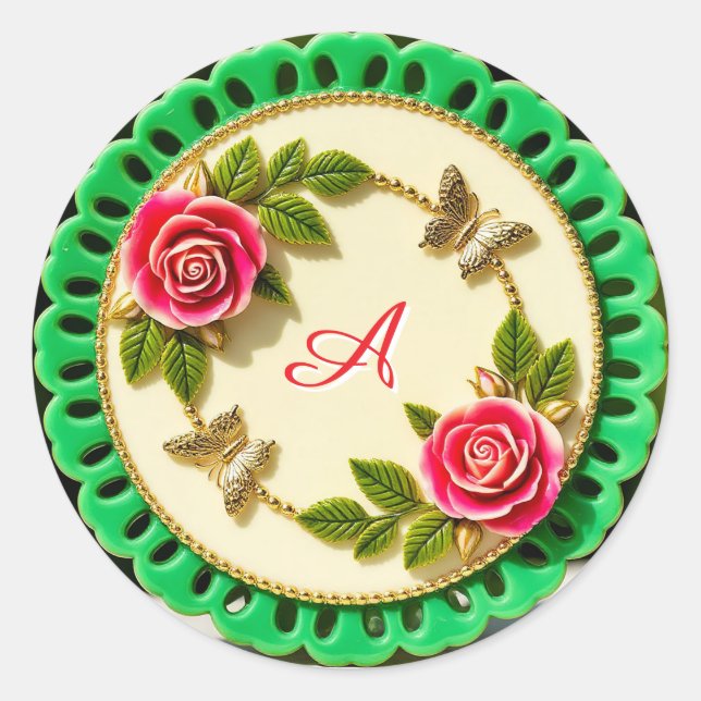 Sticker Rond Decorative Green Rim Plate With Pink Rose (Devant)