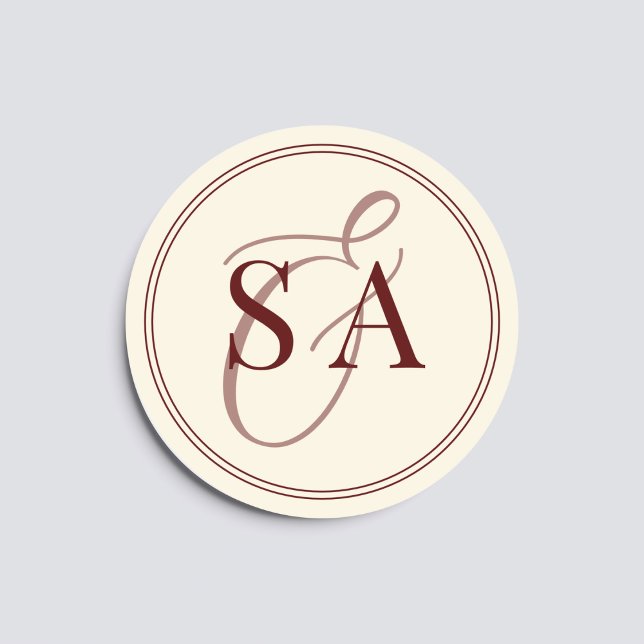 Sticker Rond Deep Burgundy Ivory Monogram Old Money Wedding  (Créateur téléchargé)