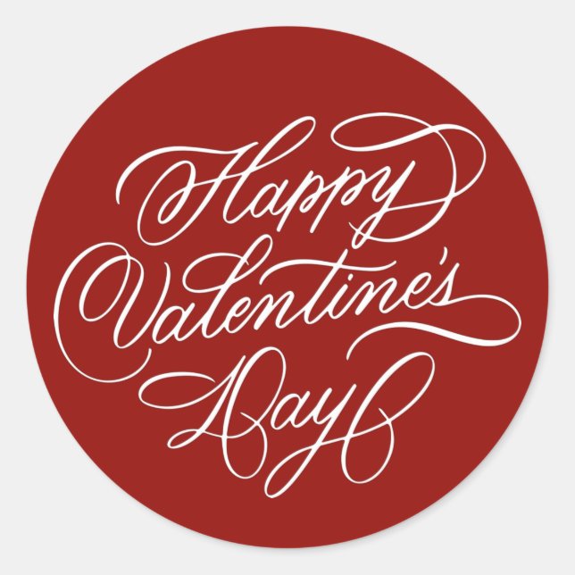 Sticker Rond Deep Red Happy Valentines Day Elegant Calligraphy  (Devant)
