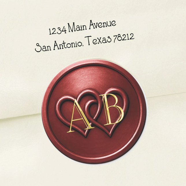 Sticker Rond Deep Red Two Hearts Intertwined Monogram Wedding (Créateur téléchargé)