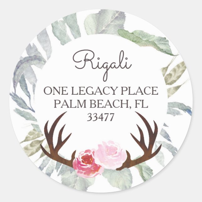 Sticker Rond Deer Antler Rose Roses Adresse de retour (Devant)
