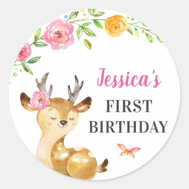 Sticker Rond Deer Baby Girl Premier anniversaire Doe Invité Fav (Devant)