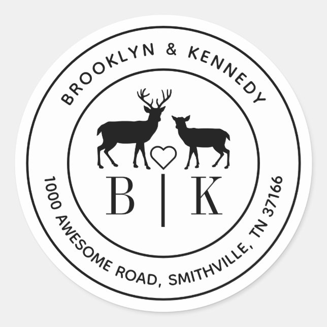 Sticker Rond Deer Monogram Mariage Couple Nom Adresse de retour (Devant)