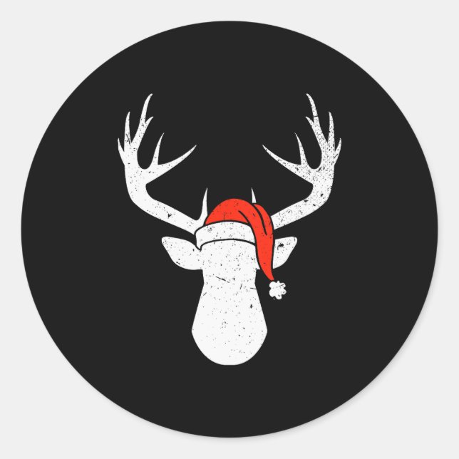 Sticker Rond Deer With Santa Hat Christmas Pajama Hunting Gift  (Devant)