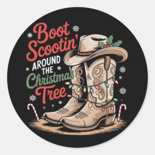 Sticker Rond Défilé de bottes autour de l'arbre de Noël Western
