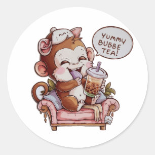 Sticker Rond Dégustation de singe : Cosy, Kawaii Vibes