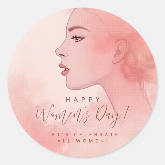 Sticker Rond Delicate Minimalist Woman Pink Happy Women's Day  (Devant)