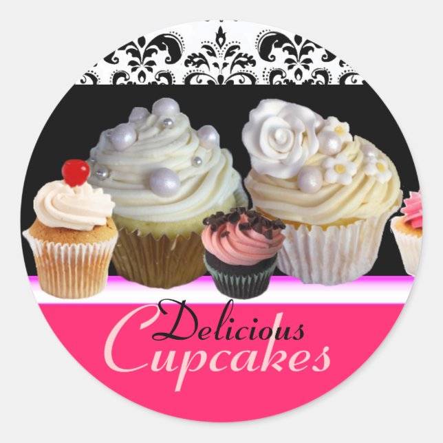 Sticker Rond DÉLICIEUX CUPCAKES ANNIVERSAIRE FÊTE, rouge rose n (Devant)