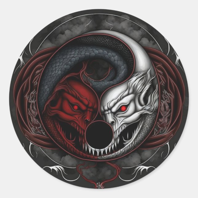 Sticker Rond Demon Wolf Yin Yang Graphic (Devant)