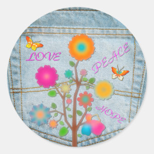 Sticker Rond Denim Back Fleurs de poche Paix Aimer Espoir