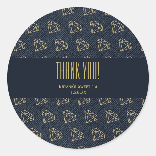Sticker Rond Denim & Diamonds Gold & Blue Glam Party Favoriser (Devant)