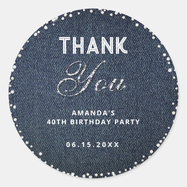 Sticker Rond Denim Diamonds Parties scintillant Anniversaire Me (Devant)