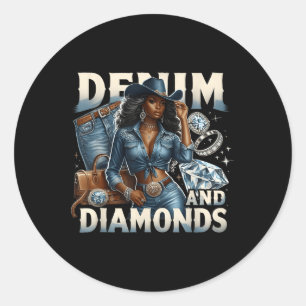 Sticker Rond Denim Et Diamants Melanin Africain Swag Cowgirls W