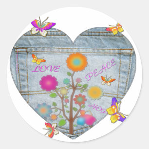 Sticker Rond Denim Pocket Fleurs cardiaques Papillons