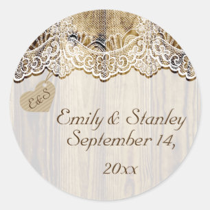Sticker Rond Dentelle blanche & coeur sur le mariage du bois En