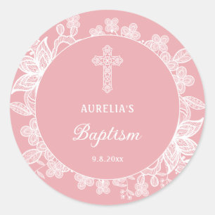 Sticker Rond Dentelle blanche sur le baptême rose