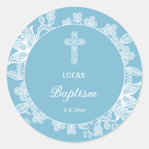 Sticker Rond Dentelle blanche sur Pastel Baptême bleu