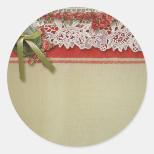 Sticker Rond Dentelle de Rose Antique Burlap Rouge Rustique Vic