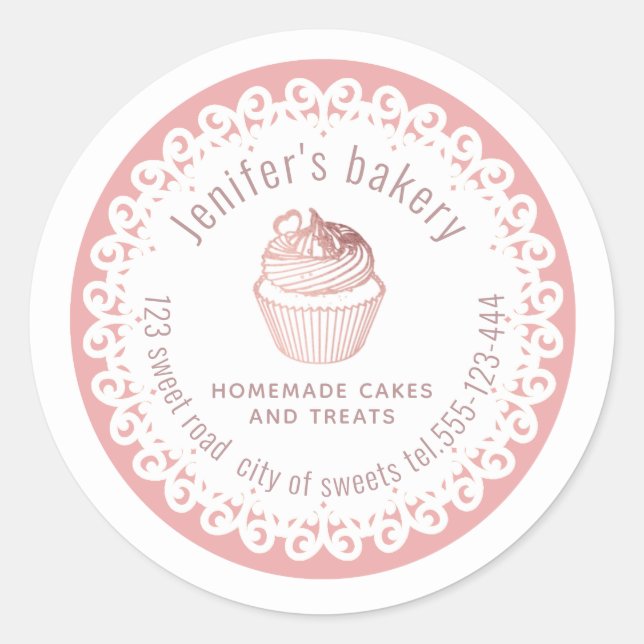 Sticker Rond Dentelle dorée rose cupcakes et gâteries maison (Devant)